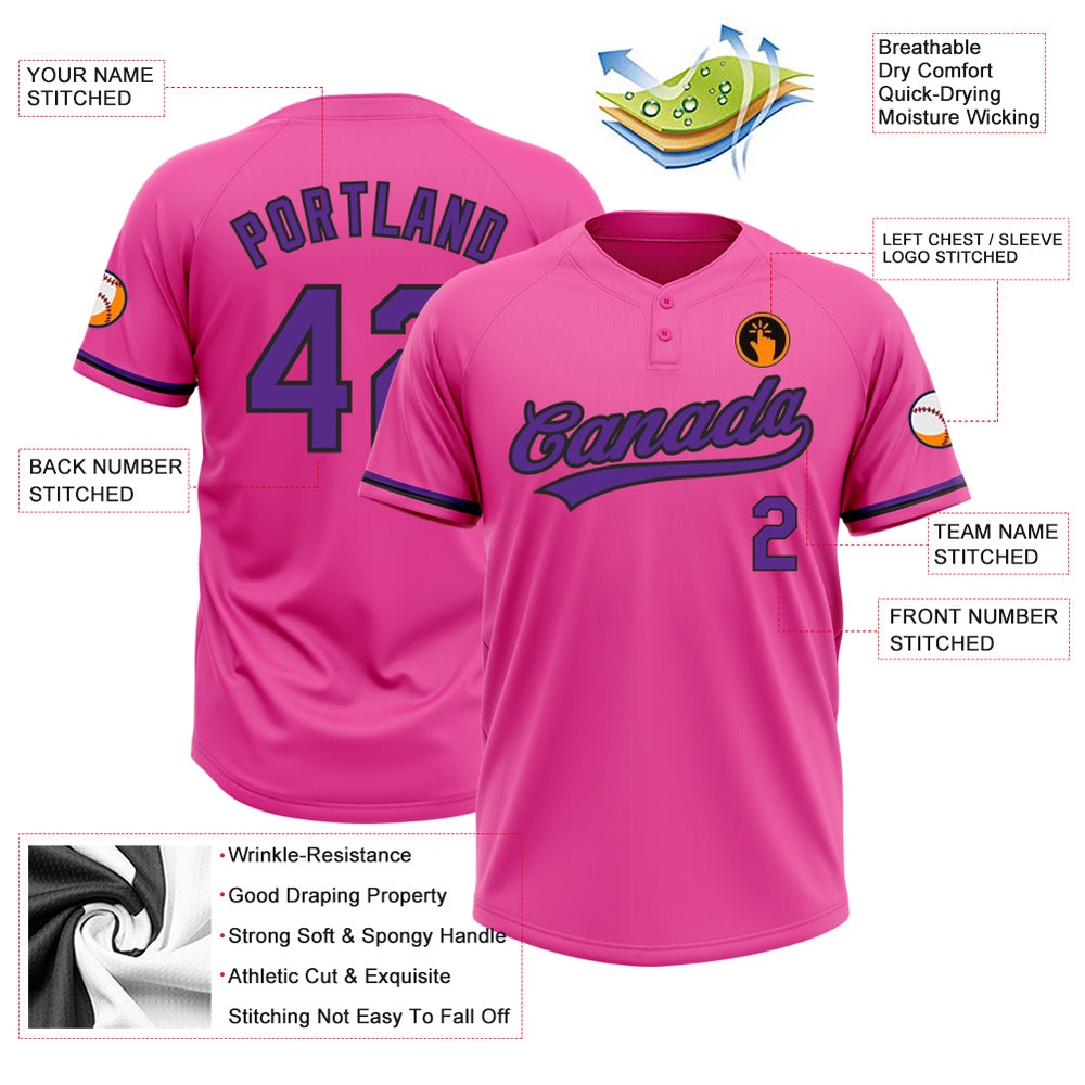 Pink Purple Black Two Button Unisex Softball Jersey, Custom Team Softball Jersey