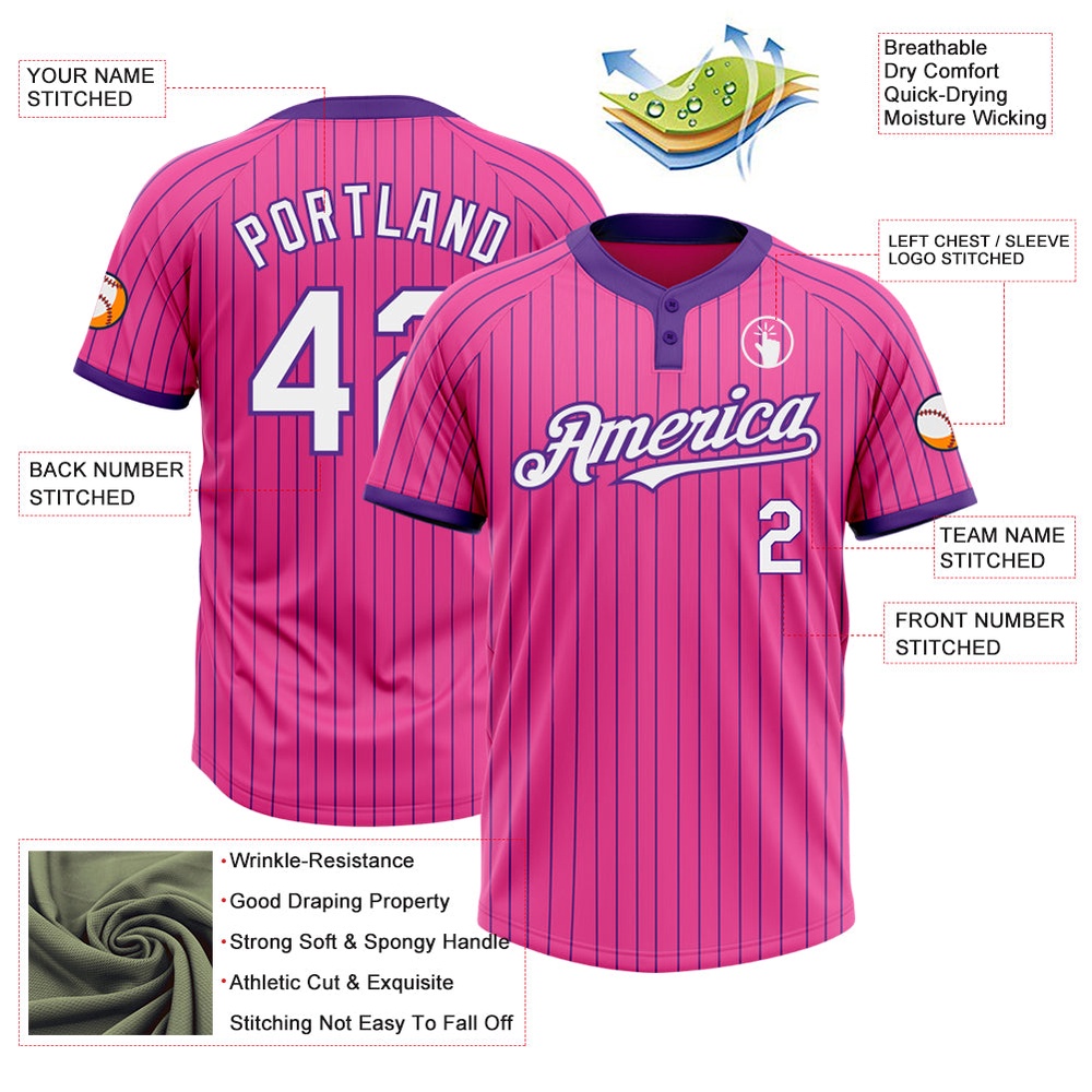 Pink Purple Pinstripe White Two Button Unisex Softball Jersey, Custom Team Softball Jersey