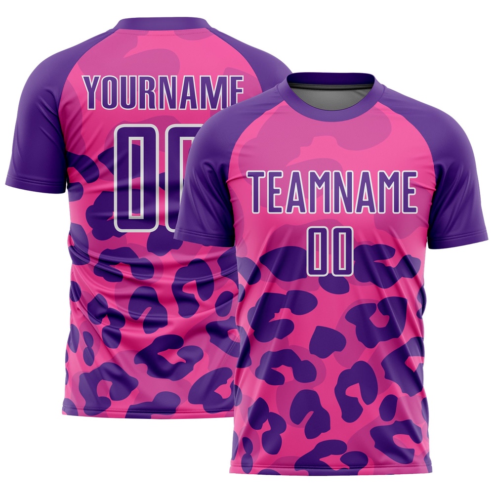 Pink Purple White Animal Print Sublimation Soccer Uniform Jersey, Custom Team Soccer Jersey Shirt
