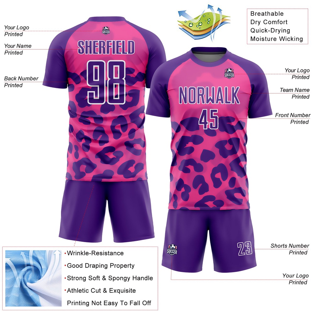 Pink Purple White Animal Print Sublimation Soccer Uniform Jersey, Custom Team Soccer Jersey Shirt