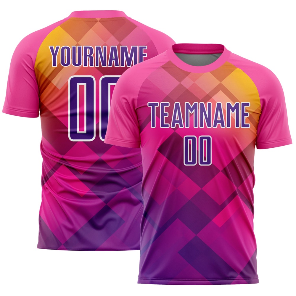 Pink Purple White Geometric Shapes Sublimation Soccer Uniform Jersey, Custom Team Soccer Jersey Shirt