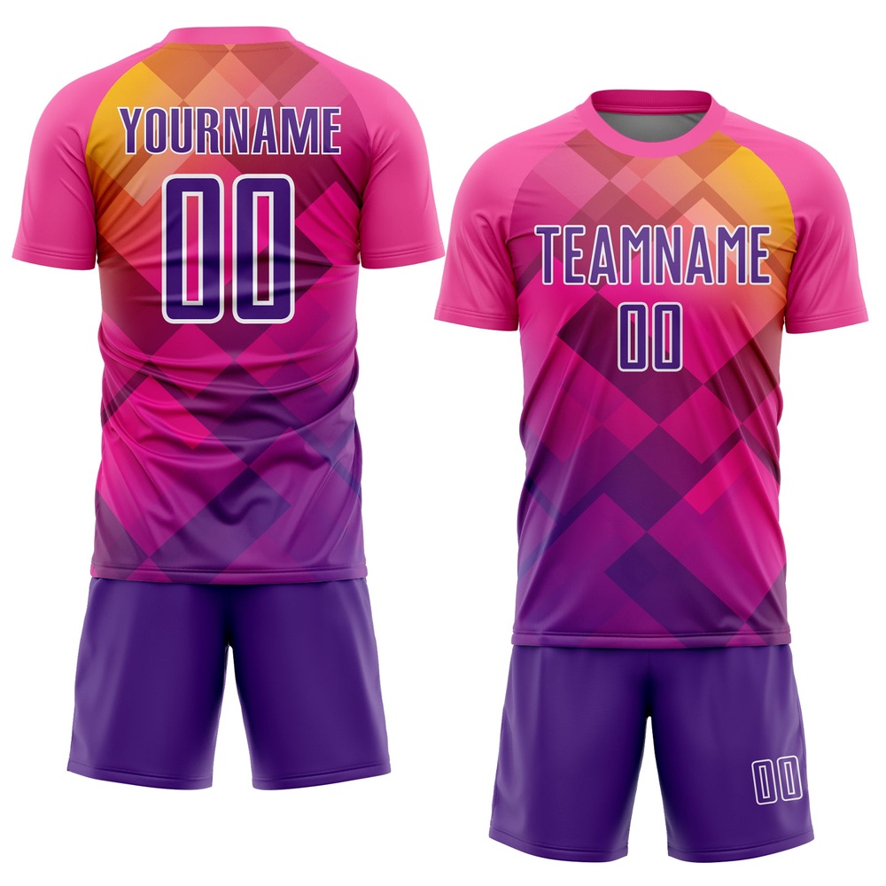Pink Purple White Geometric Shapes Sublimation Soccer Uniform Jersey, Custom Team Soccer Jersey Shirt