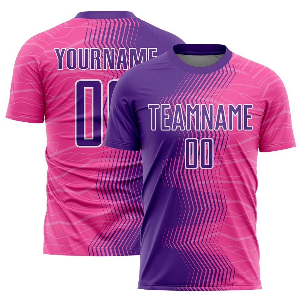 Pink Purple White Gradient Arrow Sublimation Soccer Uniform Jersey, Custom Team Soccer Jersey Shirt
