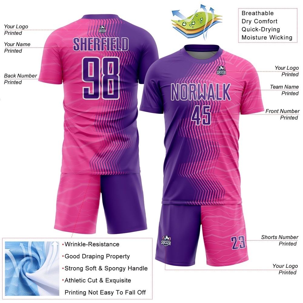 Pink Purple White Gradient Arrow Sublimation Soccer Uniform Jersey, Custom Team Soccer Jersey Shirt