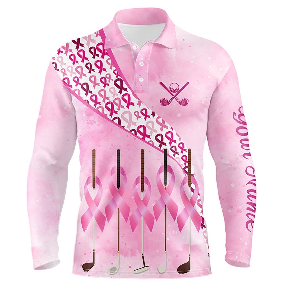 Pink Ribbon Golf Clubs Men Golf Polo Shirt Custom Breast Cancer Golf Shirts For Men, Male Golf Outfits, Golf Polo Shirt, Golf Shirts