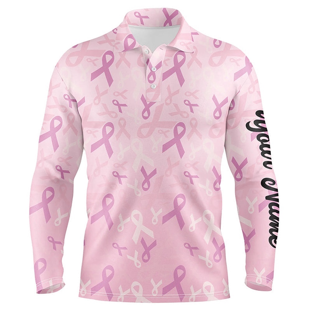 Pink Ribbon Pattern Breast Cancer Awareness Golf Shirts Custom Name Men’s Golf Polo Shirts, Golf Polo Shirt, Golf Shirts