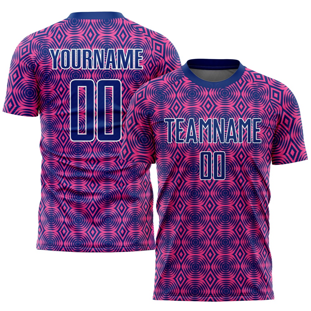 Pink Royal White Geometric Shapes Sublimation Soccer Uniform Jersey, Custom Team Soccer Jersey Shirt