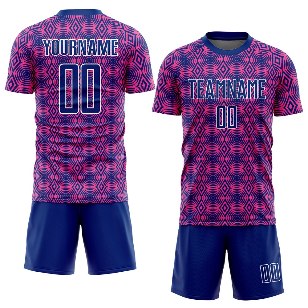 Pink Royal White Geometric Shapes Sublimation Soccer Uniform Jersey, Custom Team Soccer Jersey Shirt