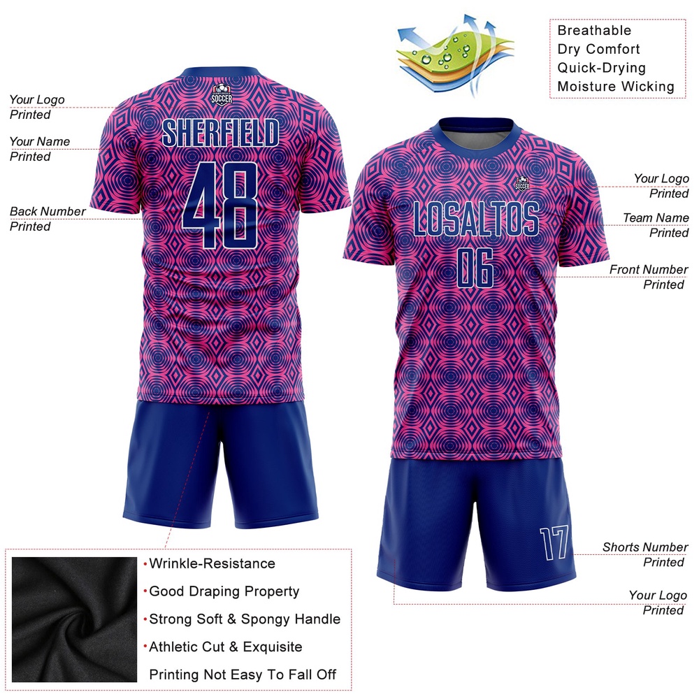 Pink Royal White Geometric Shapes Sublimation Soccer Uniform Jersey, Custom Team Soccer Jersey Shirt