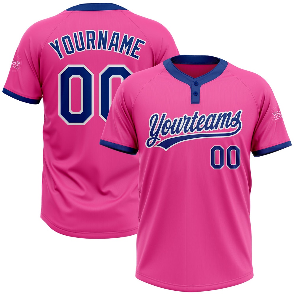 Pink Royal White Two Button Unisex Softball Jersey, Custom Team Softball Jersey
