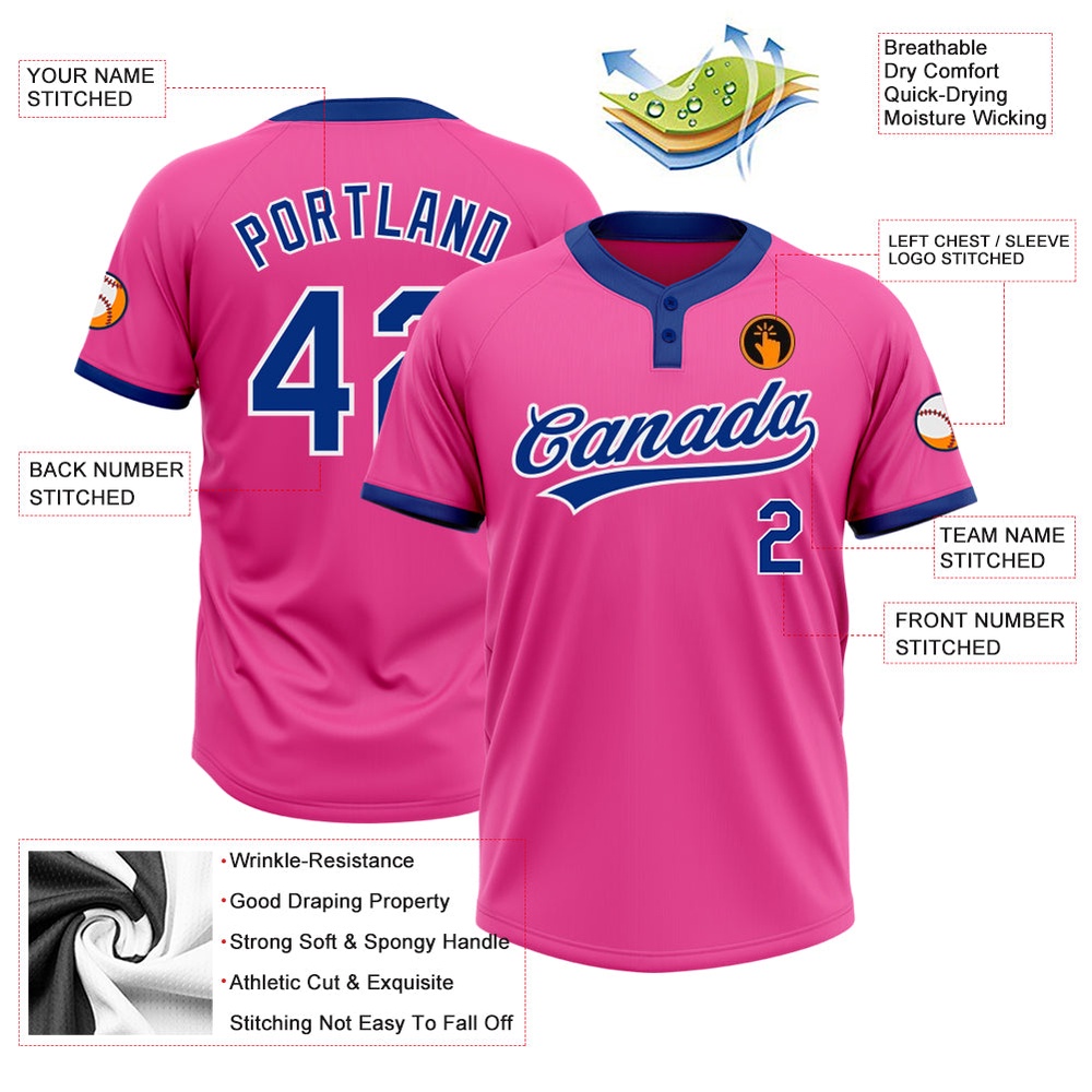 Pink Royal White Two Button Unisex Softball Jersey, Custom Team Softball Jersey