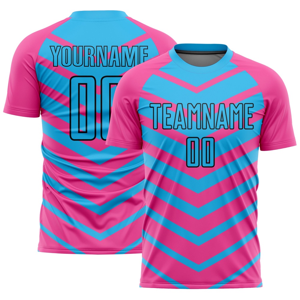 Pink Sky Blue Black Arrow Shapes Sublimation Soccer Uniform Jersey, Custom Team Soccer Jersey Shirt