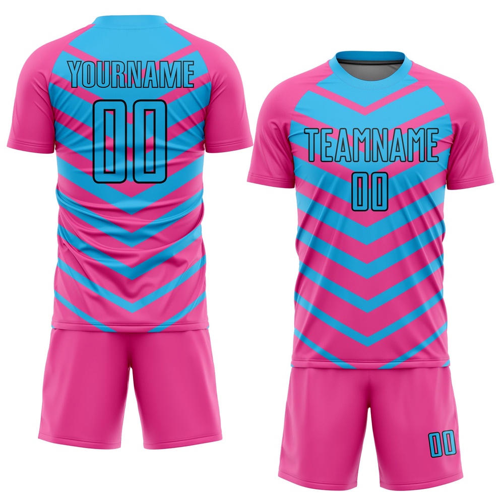 Pink Sky Blue Black Arrow Shapes Sublimation Soccer Uniform Jersey, Custom Team Soccer Jersey Shirt