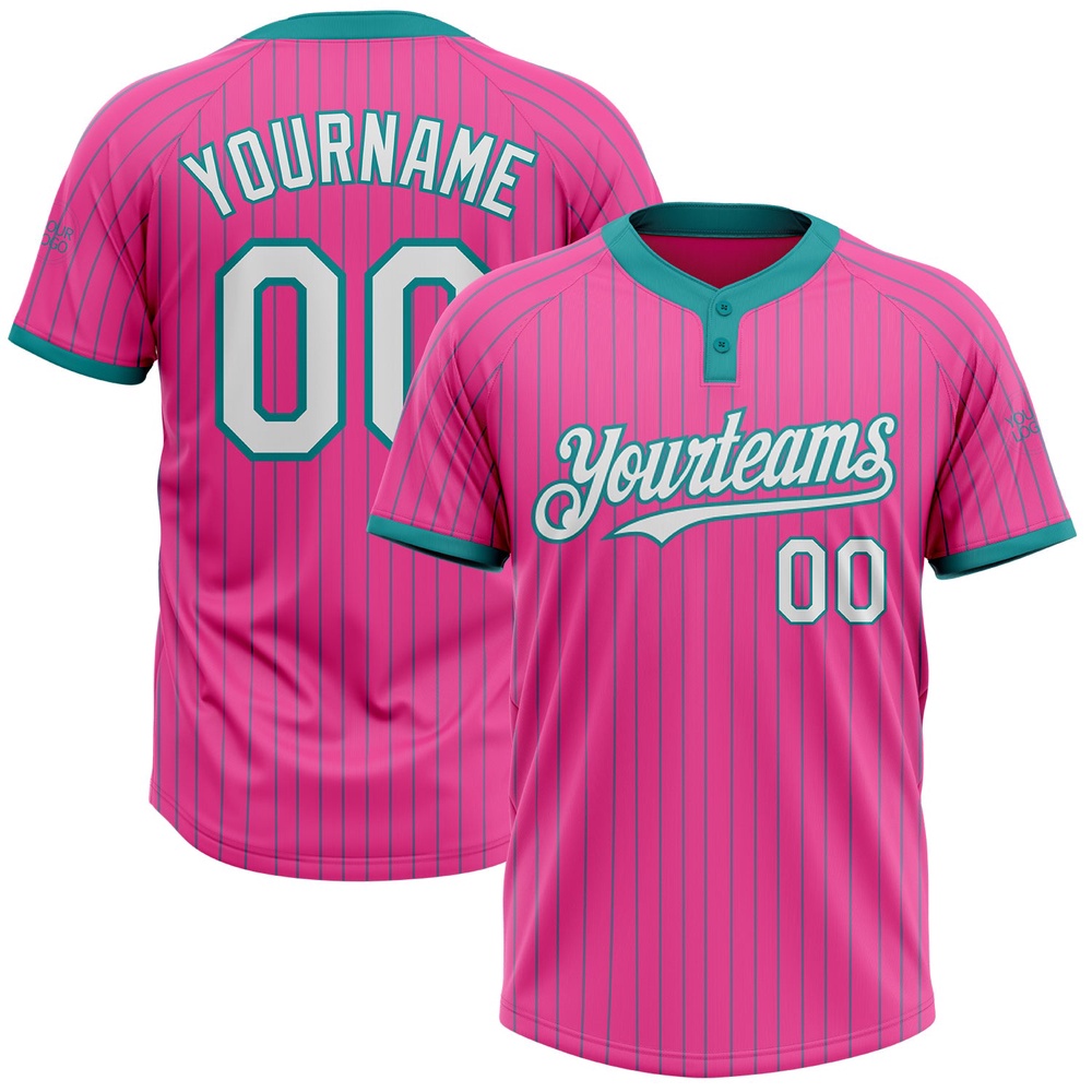 Pink Teal Pinstripe White Two Button Unisex Softball Jersey, Custom Team Softball Jersey