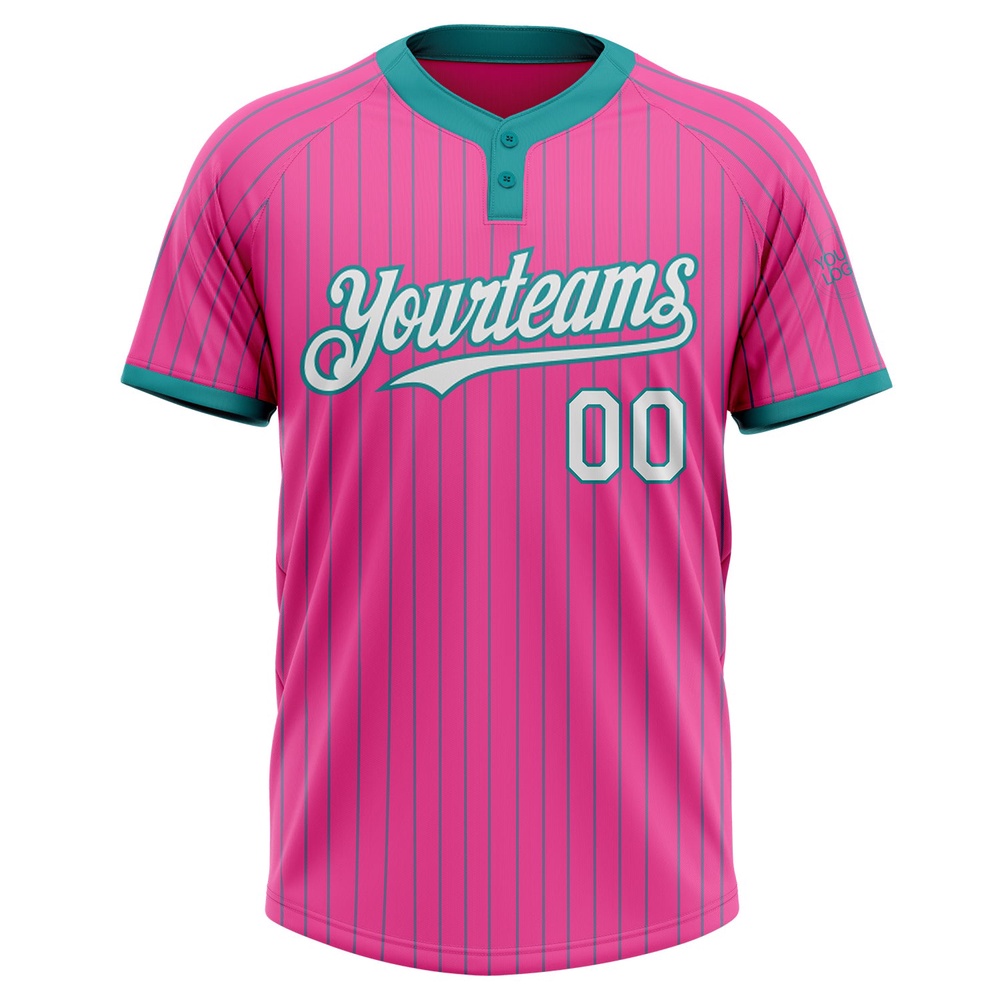 Pink Teal Pinstripe White Two Button Unisex Softball Jersey, Custom Team Softball Jersey