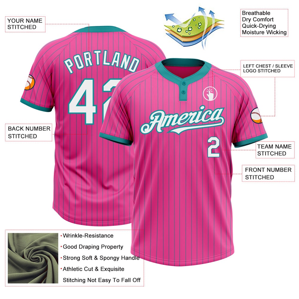 Pink Teal Pinstripe White Two Button Unisex Softball Jersey, Custom Team Softball Jersey
