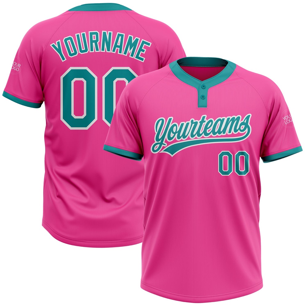 Pink Teal White Two Button Unisex Softball Jersey, Custom Team Softball Jersey
