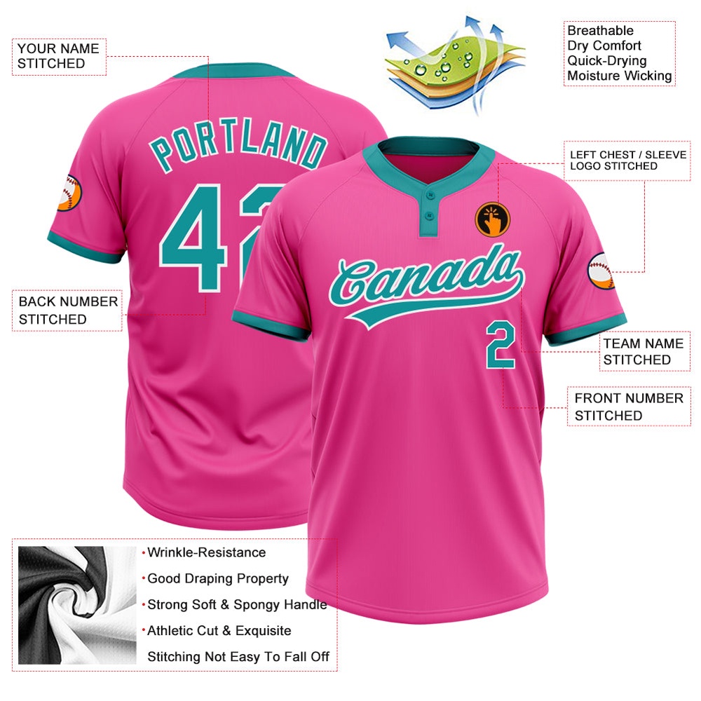 Pink Teal White Two Button Unisex Softball Jersey, Custom Team Softball Jersey