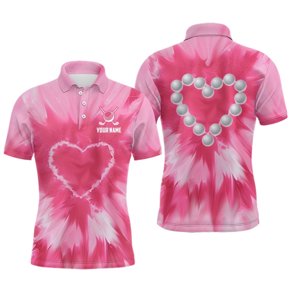 Pink Tie Dye Men’s Golf Polo Shirt Custom Golf Ball With Heart Golf Outfit For Men, Golf Polo Shirt, Golf Shirts