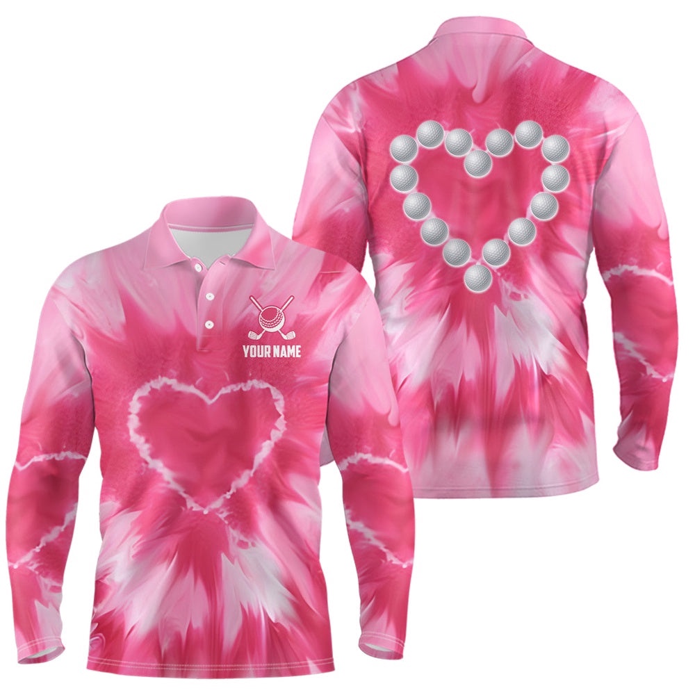 Pink Tie Dye Men’s Golf Polo Shirt Custom Golf Ball With Heart Golf Outfit For Men, Golf Polo Shirt, Golf Shirts