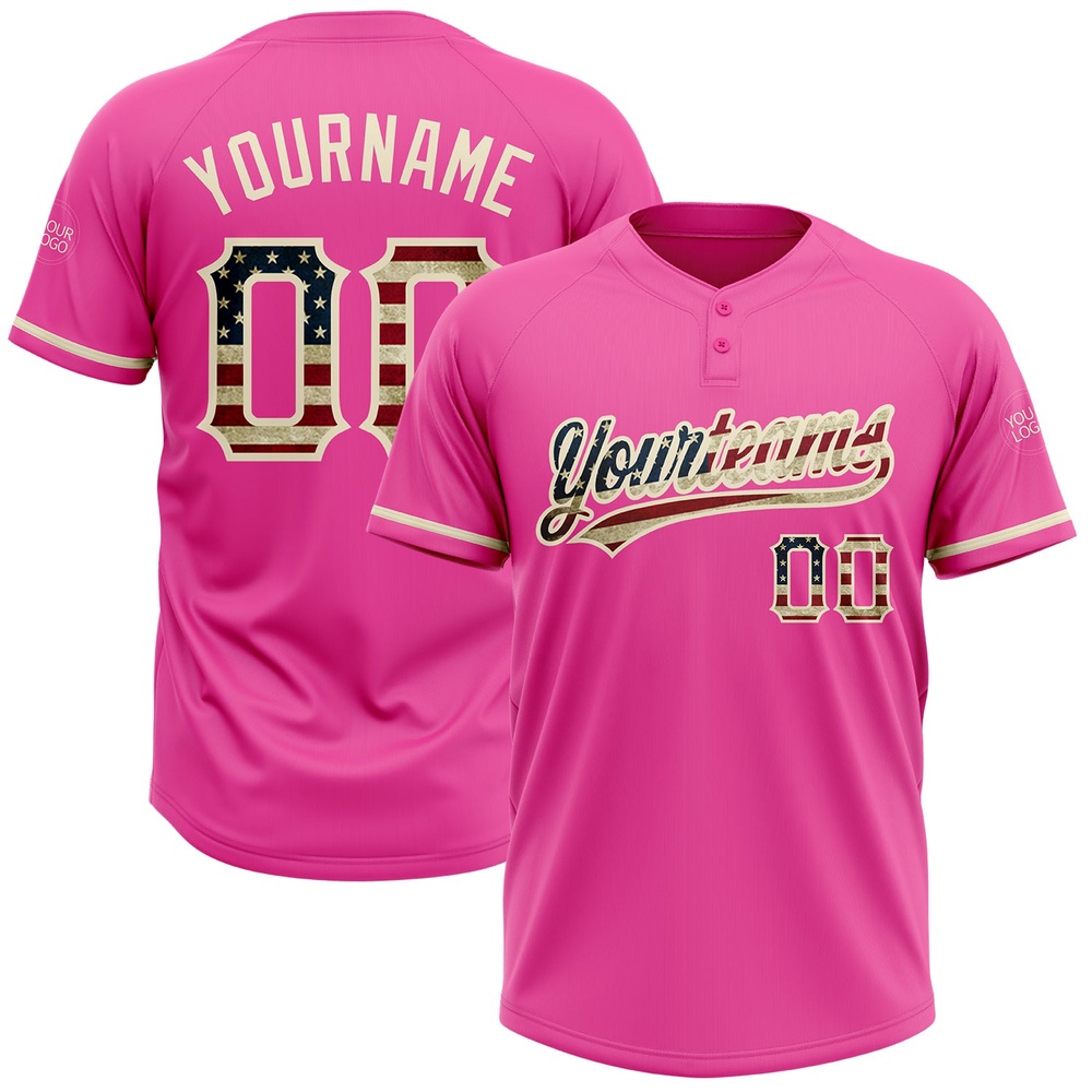 Pink Vintage USA Flag Cream Two Button Unisex Softball Jersey, Custom Team Softball Jersey