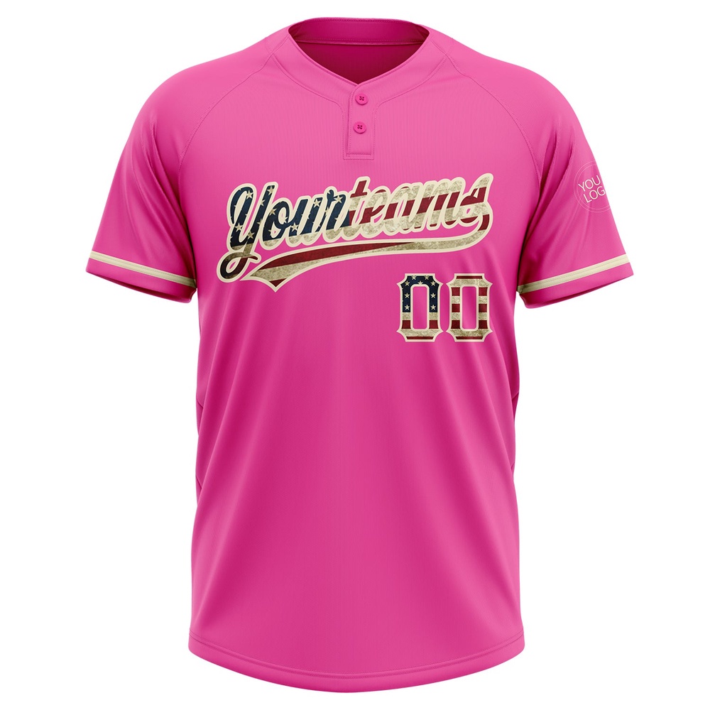 Pink Vintage USA Flag Cream Two Button Unisex Softball Jersey, Custom Team Softball Jersey