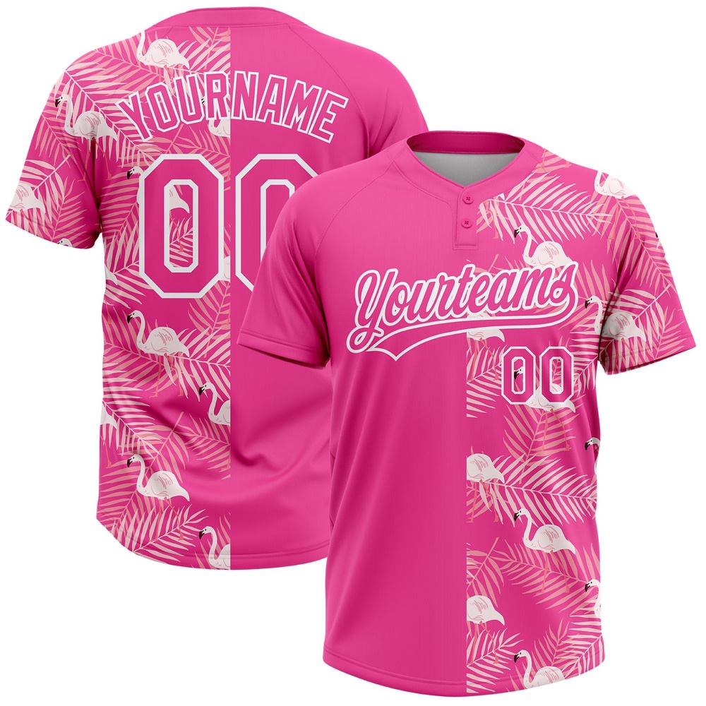 Pink White 3D Pattern Tropical Palm Leaves And Famingo Two Button Unisex Softball Jersey, Custom Team Softball Jersey