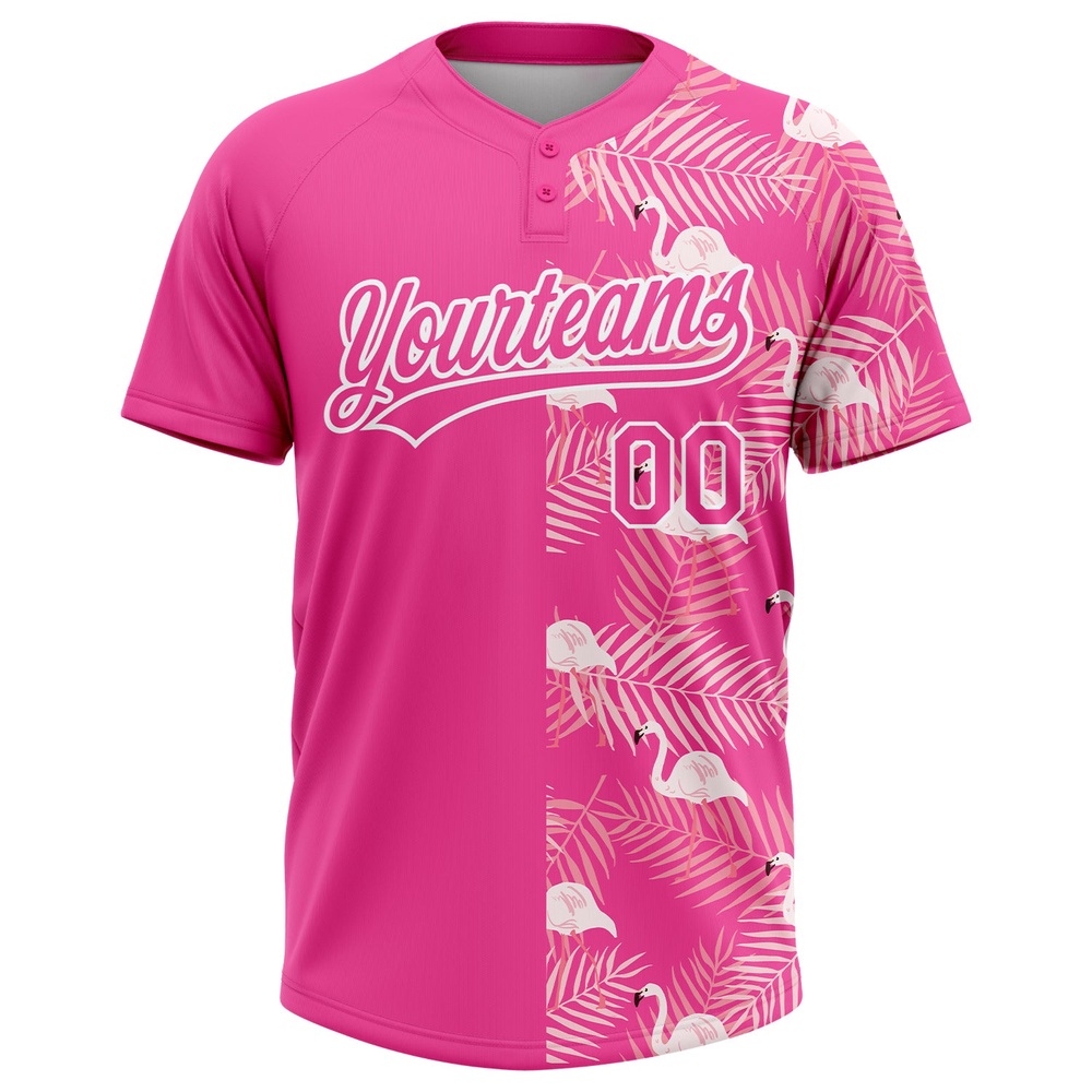 Pink White 3D Pattern Tropical Palm Leaves And Famingo Two Button Unisex Softball Jersey, Custom Team Softball Jersey