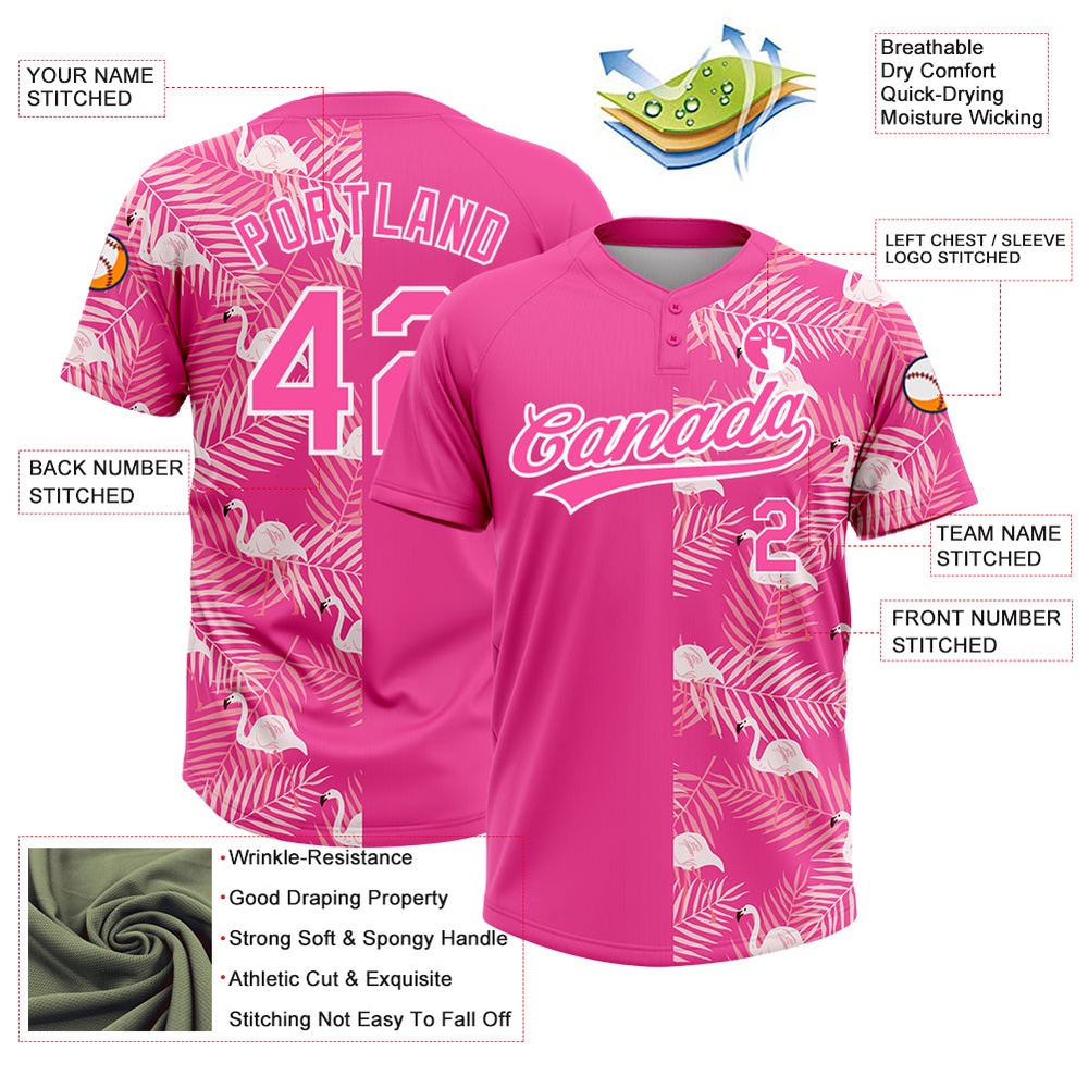 Pink White 3D Pattern Tropical Palm Leaves And Famingo Two Button Unisex Softball Jersey, Custom Team Softball Jersey