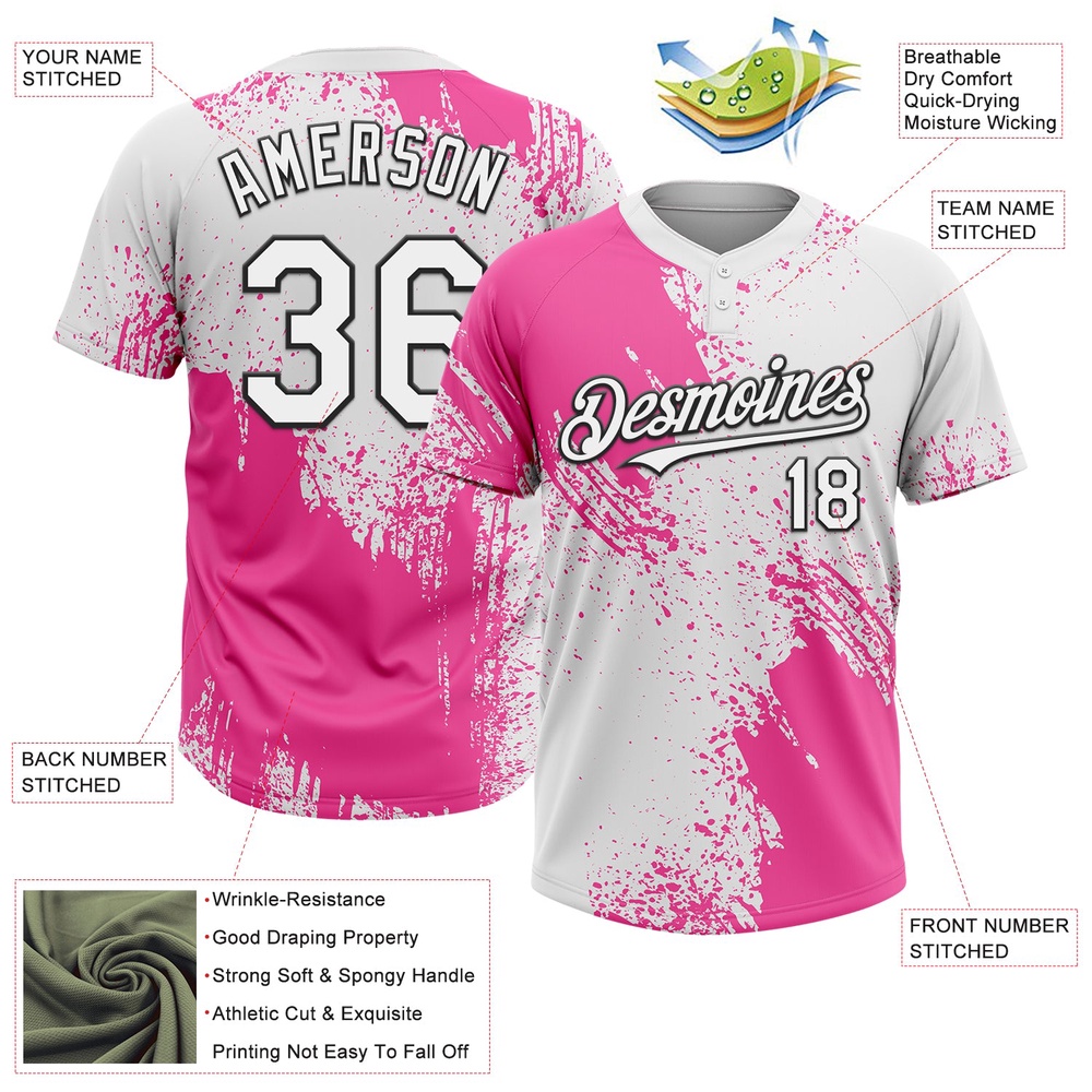 Pink White Black 3D Pattern Abstract Brush Stroke Two Button Unisex Softball Jersey, Custom Team Softball Jersey