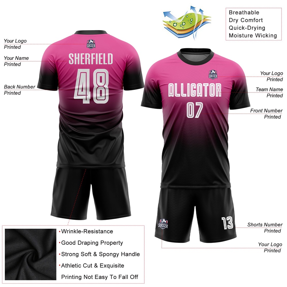 Pink White Black Sublimation Fade Fashion Soccer Uniform Jersey, Custom Team Soccer Jersey Shirt