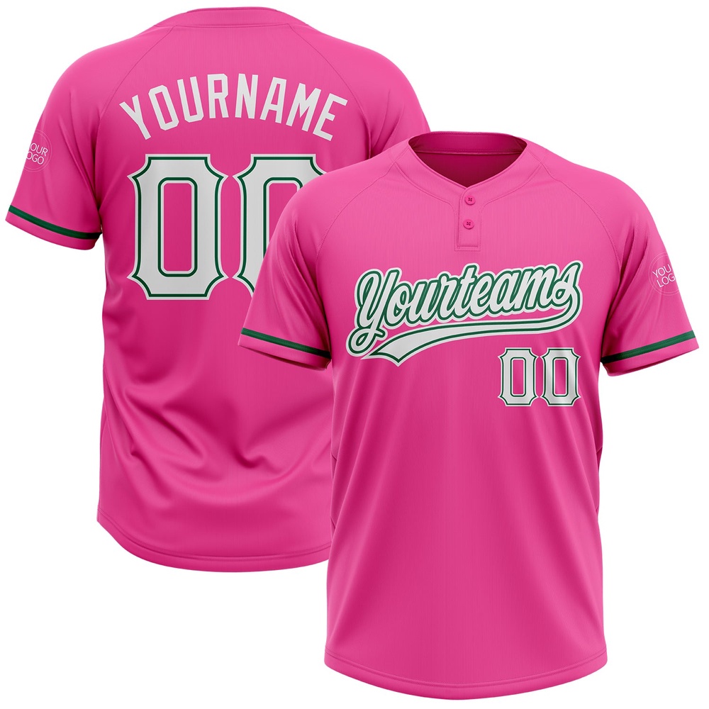 Pink White Kelly Green Two Button Unisex Softball Jersey, Custom Team Softball Jersey