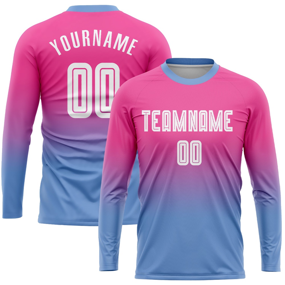 Pink White Light Blue Sublimation Long Sleeve Fade Fashion Soccer Uniform Jersey, Custom Team Soccer Jersey Shirt