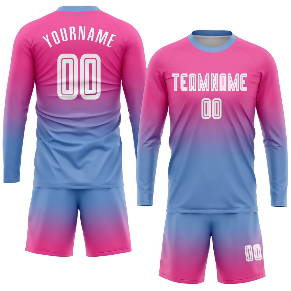 Pink White Light Blue Sublimation Long Sleeve Fade Fashion Soccer Uniform Jersey, Custom Team Soccer Jersey Shirt