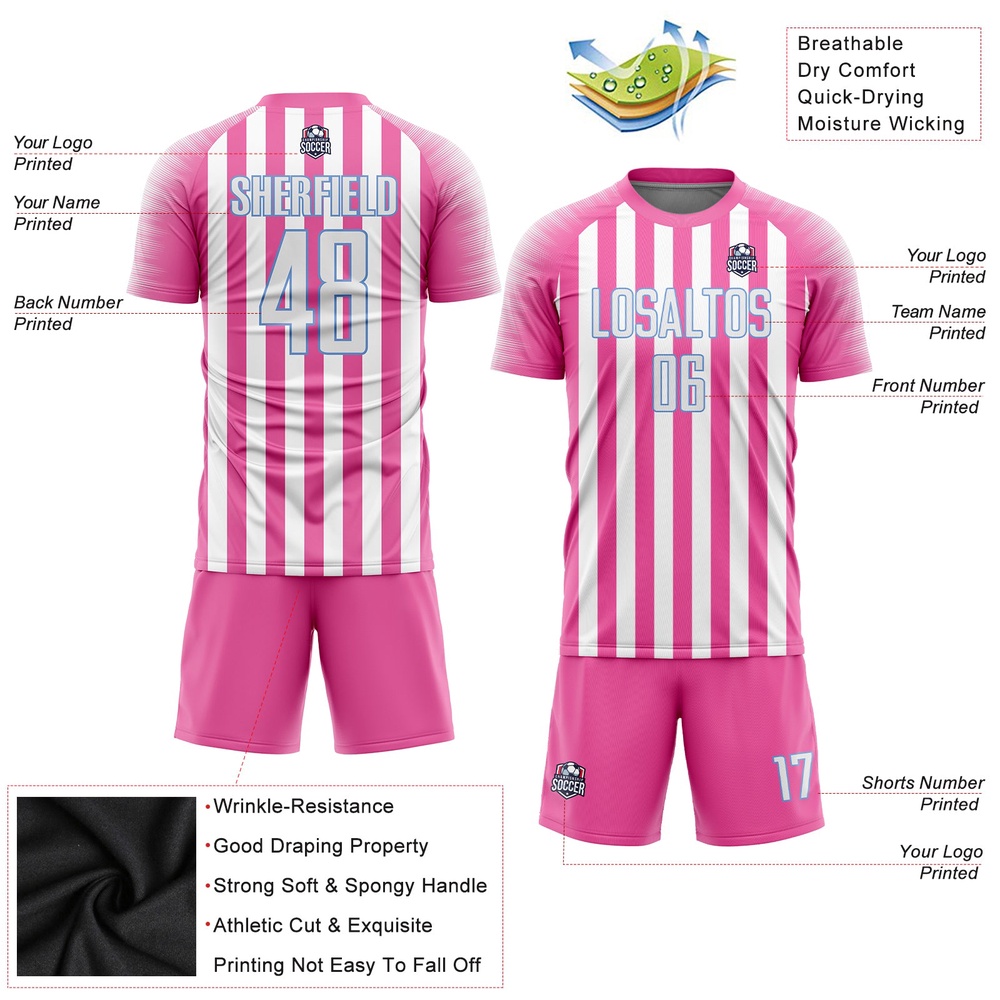 Pink White Light Blue Sublimation Soccer Uniform Jersey, Custom Team Soccer Jersey Shirt