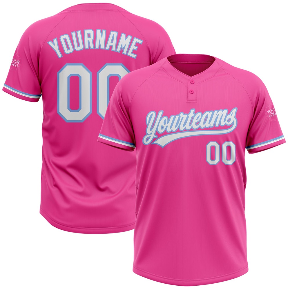 Pink White Light Blue Two Button Unisex Softball Jersey, Custom Team Softball Jersey