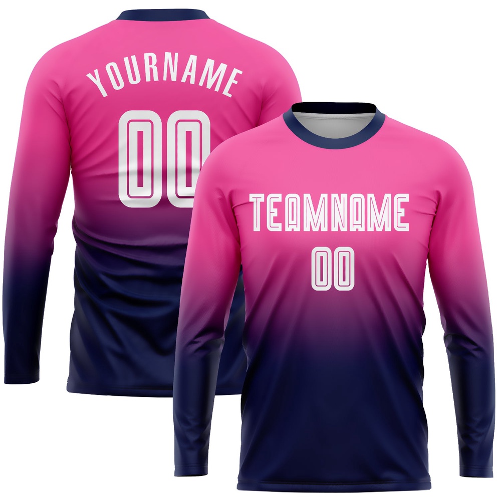 Pink White Navy Sublimation Long Sleeve Fade Fashion Soccer Uniform Jersey, Custom Team Soccer Jersey Shirt