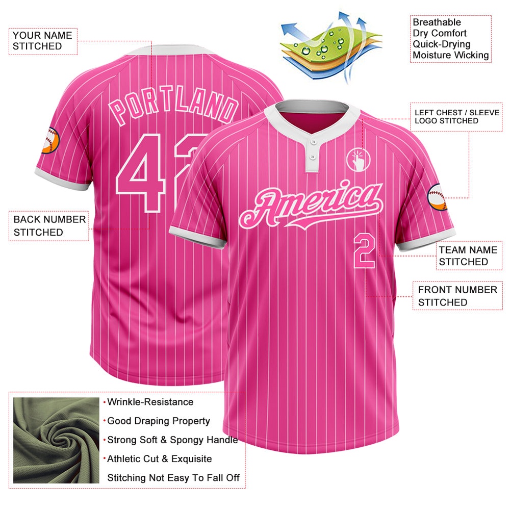 Pink White Pinstripe White Two Button Unisex Softball Jersey, Custom Team Softball Jersey