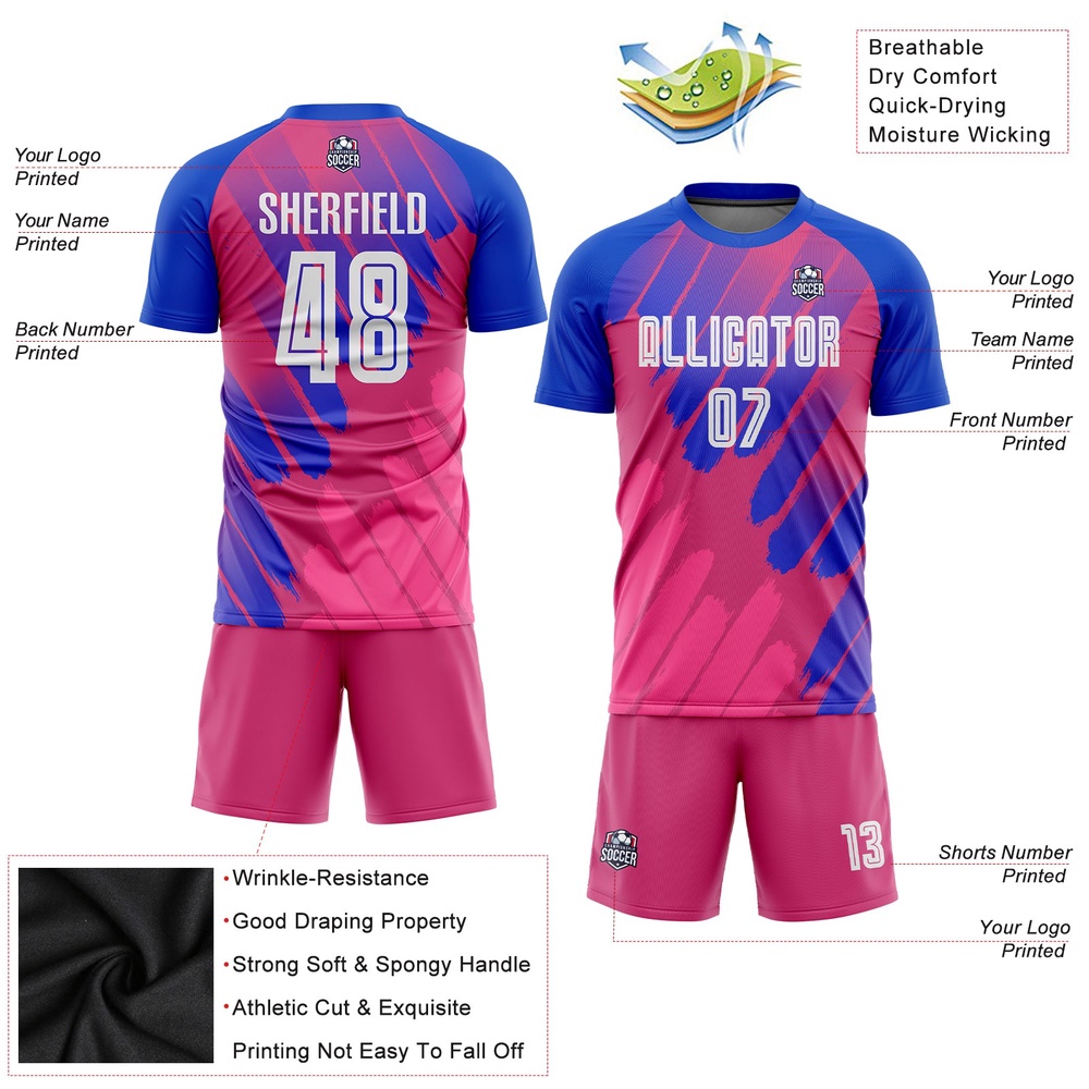 Pink White Royal Third Sublimation Soccer Uniform Jersey, Custom Team Soccer Jersey Shirt
