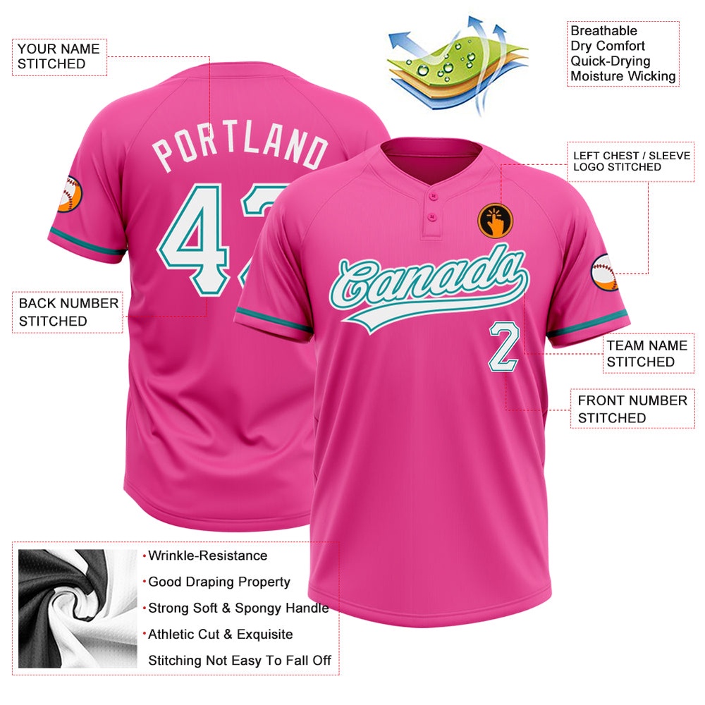 Pink White Teal Two Button Unisex Softball Jersey, Custom Team Softball Jersey