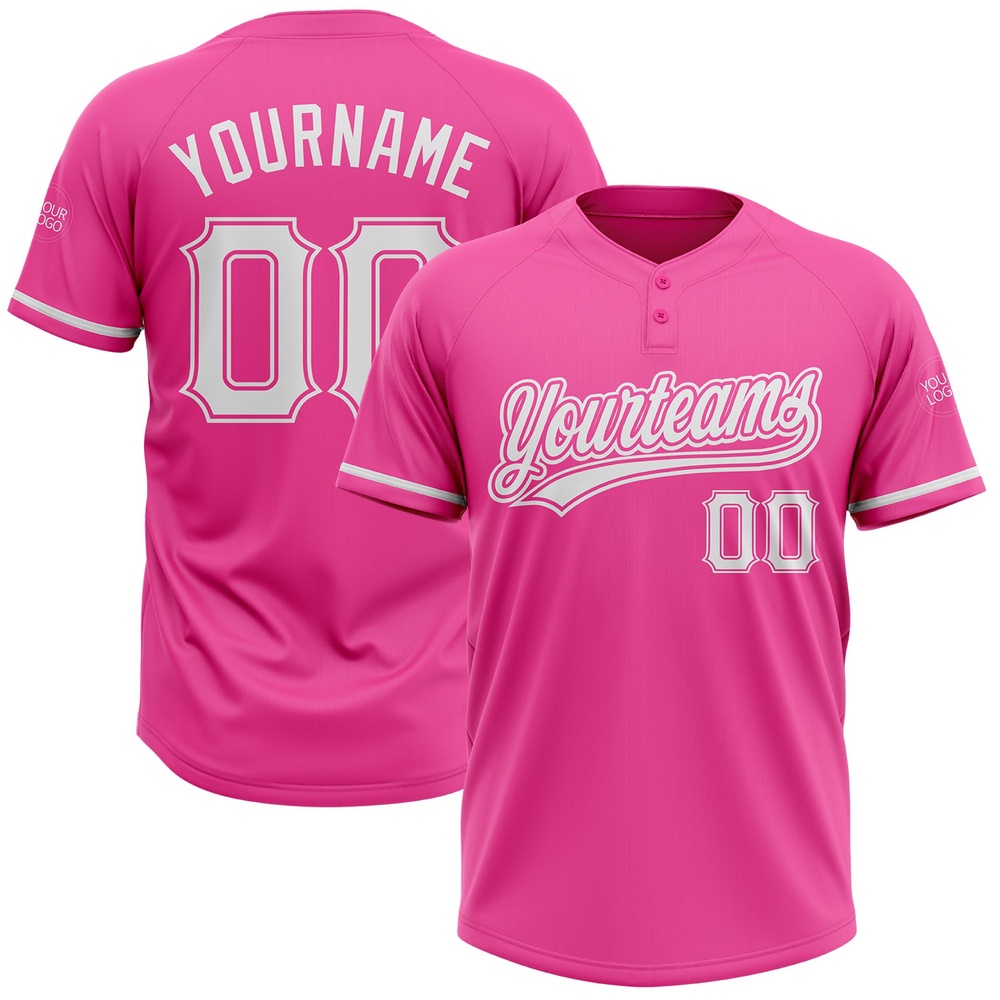 Pink White Two Button Unisex Softball Jersey, Custom Team Softball Jersey
