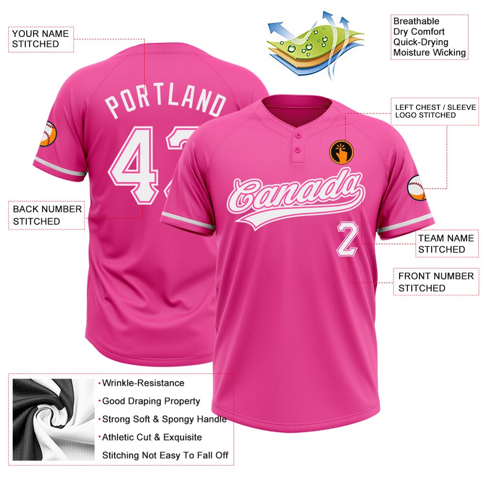 Pink White Two Button Unisex Softball Jersey, Custom Team Softball Jersey