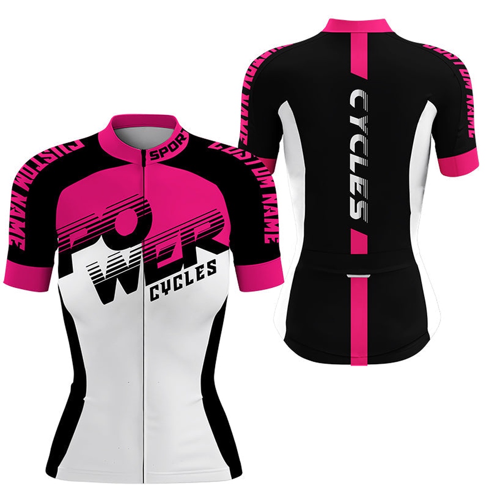 Pink Womens Cycling Jersey Power Cycle Shirt With 3 Pockets Custom Ladies Bike Jersey, Custom Mono Cycling Jersey