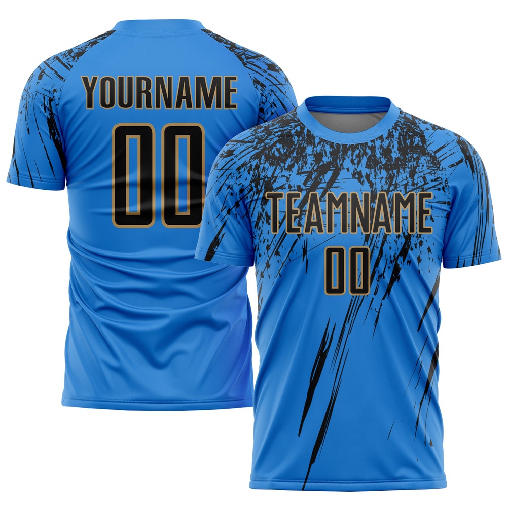 Powder Blue Black Old Gold Sublimation Soccer Uniform Jersey, Custom Team Soccer Jersey Shirt