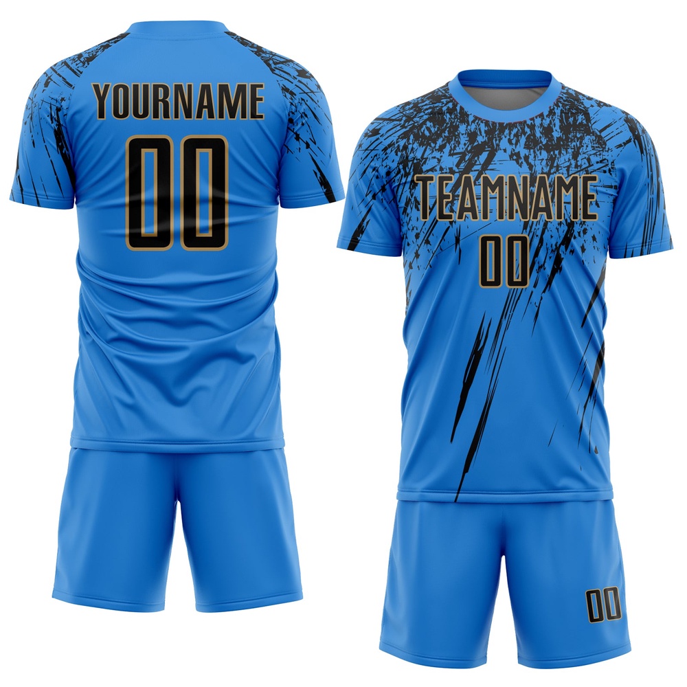 Powder Blue Black Old Gold Sublimation Soccer Uniform Jersey, Custom Team Soccer Jersey Shirt