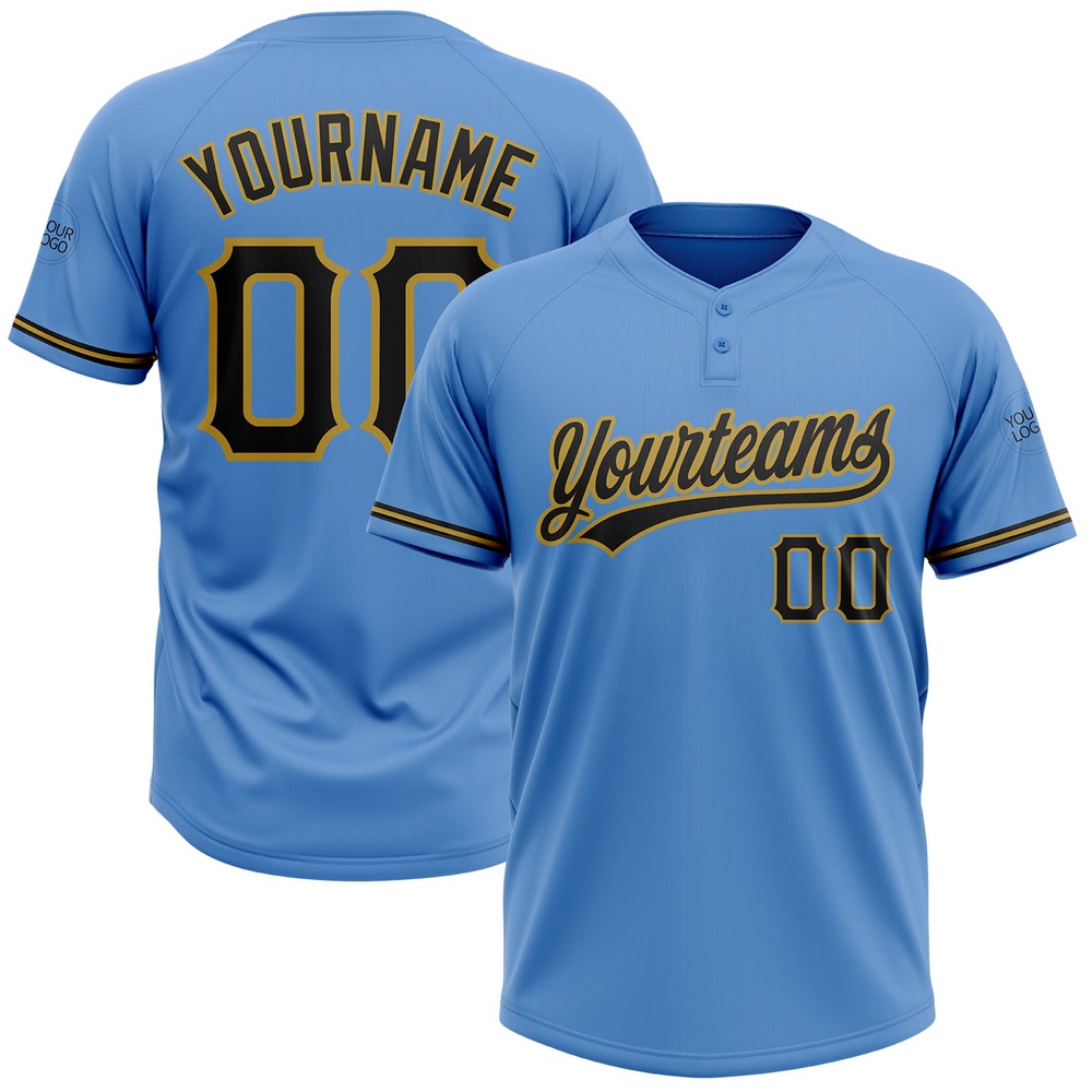 Powder Blue Black Old Gold Two Button Unisex Softball Jersey, Custom Team Softball Jersey