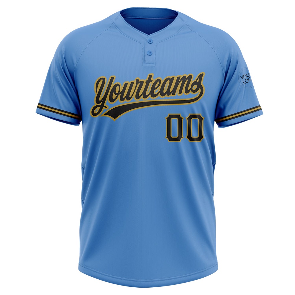 Powder Blue Black Old Gold Two Button Unisex Softball Jersey, Custom Team Softball Jersey