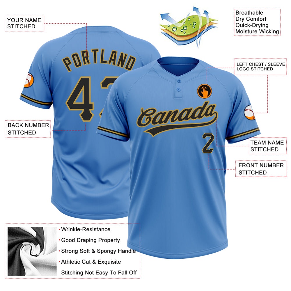 Powder Blue Black Old Gold Two Button Unisex Softball Jersey, Custom Team Softball Jersey