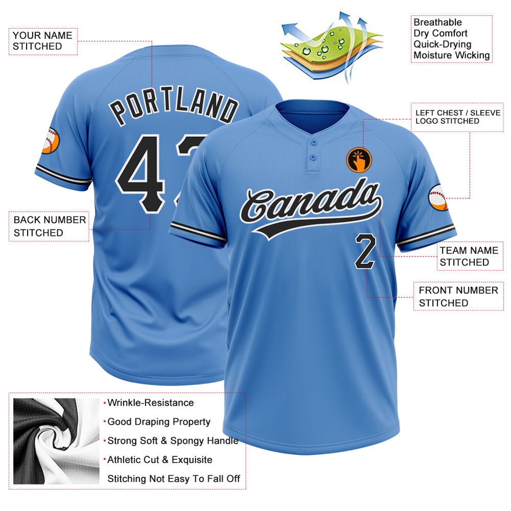 Powder Blue Black White Two Button Unisex Softball Jersey, Custom Team Softball Jersey