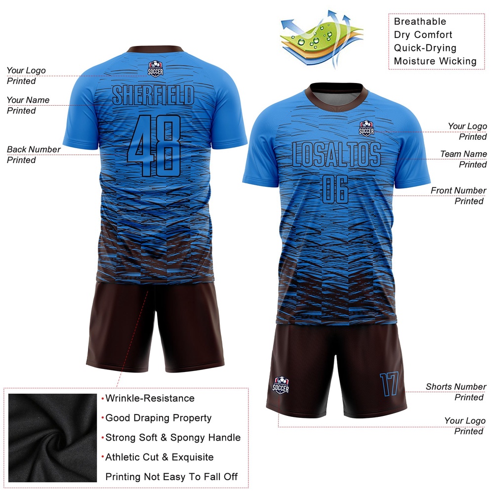 Powder Blue Brown Sublimation Soccer Uniform Jersey, Custom Team Soccer Jersey Shirt